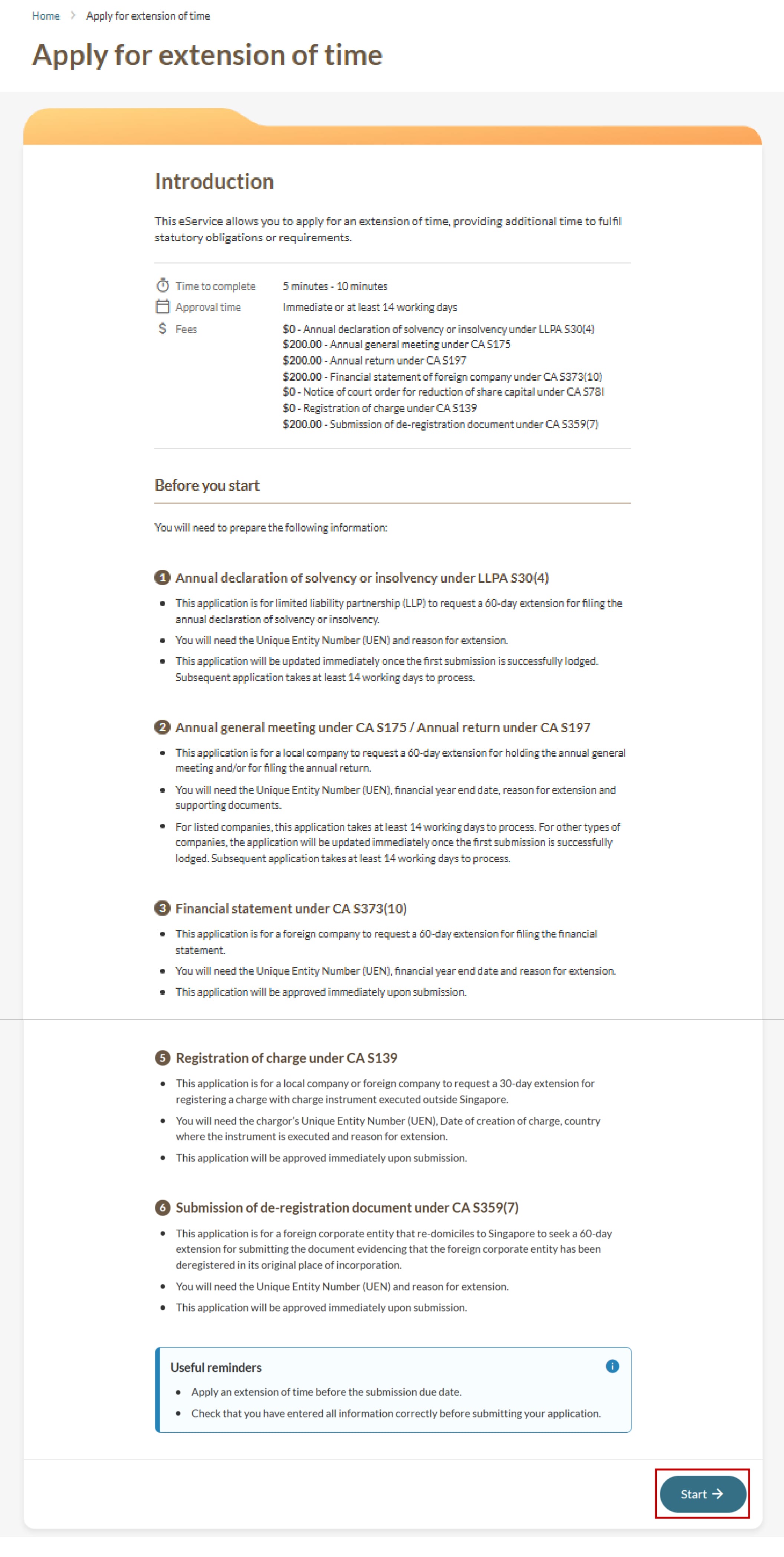 Apply for extension of time introduction page with Start button